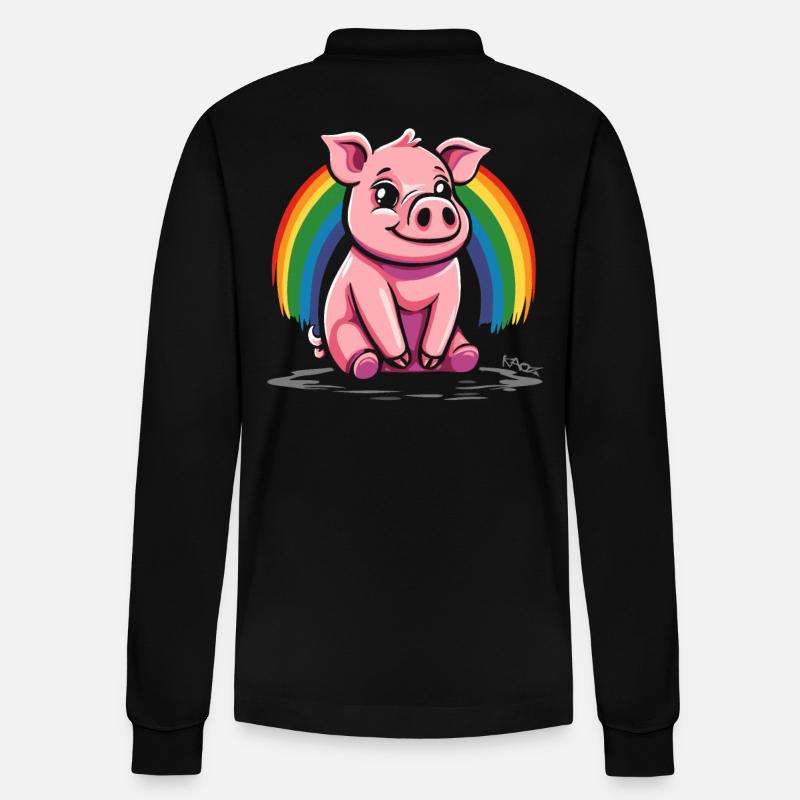 Niedliches Regenbogen Schwein - Stanley/Stella Unisex Bio-Langarm-Poloshirt Prepster - Schwarz