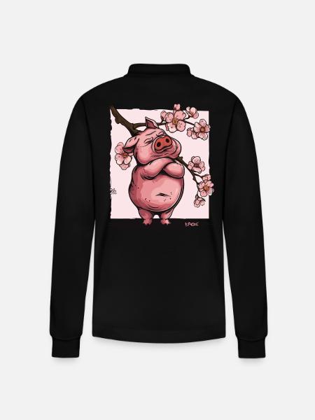Offended Japanese Sakura Flowers Pig - Stanley/Stella Organic Unisex Long-Sleeved Polo Shirt Prepster - black