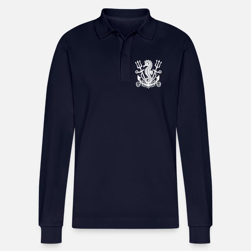 Seepferdchen mit Anker und Dreizack - Stanley/Stella Unisex Bio-Langarm-Poloshirt Prepster - Navy