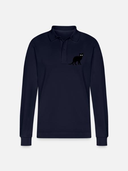 Cat Black Silhouette Gift Cat Lover - Stanley/Stella Organic Unisex Long-Sleeved Polo Shirt Prepster - navy
