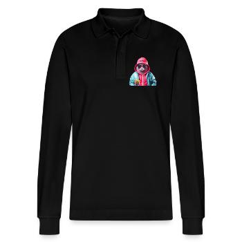 Pop Art Cat - Stanley/Stella Organic Unisex Long-Sleeved Polo Shirt Prepster - black - Front - Anna (173cm) & Nico (186cm)