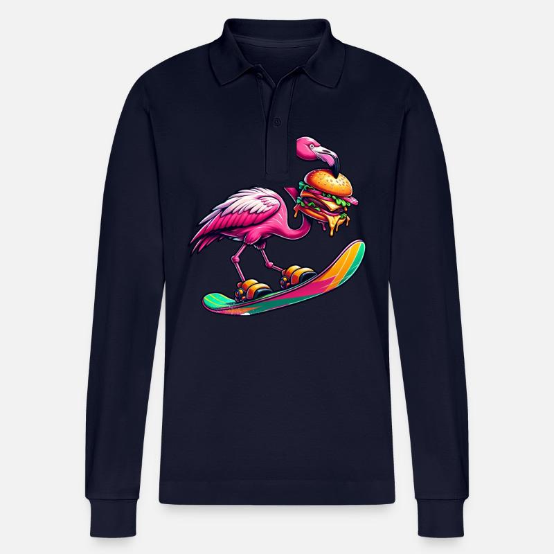Flamingo Snowboarder mit Burger - Stanley/Stella Unisex Bio-Langarm-Poloshirt Prepster - Navy