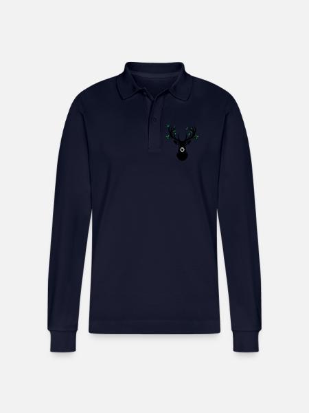 Deer Head Antler Leaves Natural - Stanley/Stella Organic Unisex Long-Sleeved Polo Shirt Prepster - navy