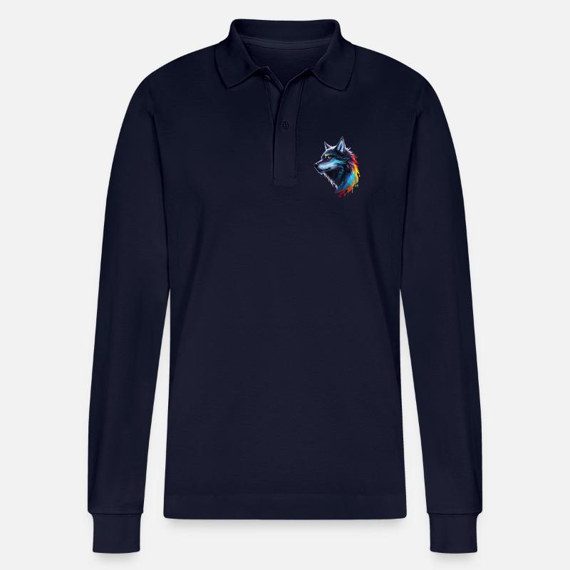 Regenbogen-Aquarell Wolf Spritzt - Stanley/Stella Unisex Bio-Langarm-Poloshirt Prepster - Navy