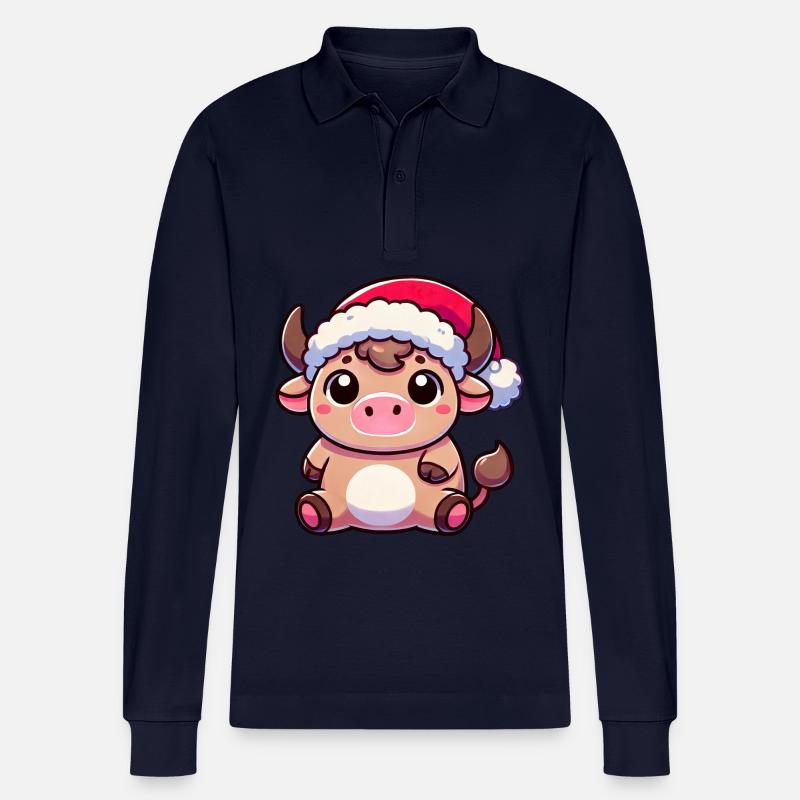 Süße Chibi Weihnachtskuh Cartoon Design - Stanley/Stella Unisex Bio-Langarm-Poloshirt Prepster - Navy