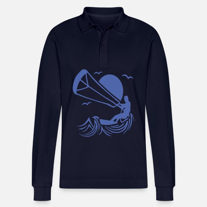 Kitesurfer Silhouette, Kiten Abenteuer Design - Stanley/Stella Unisex Bio-Langarm-Poloshirt Prepster - Navy