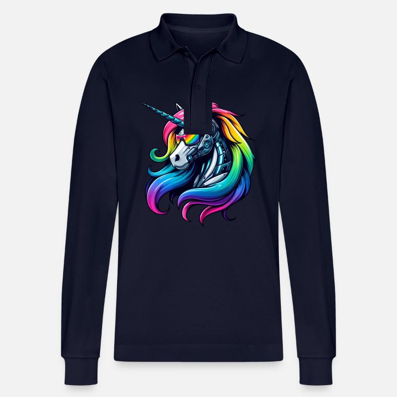 Cooler Cyborg-Einhorn Regenbogen - Stanley/Stella Unisex Bio-Langarm-Poloshirt Prepster - Navy