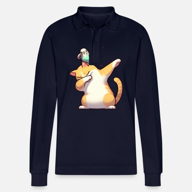 Chat et perruche dabbing mignon - Polo à manches longues bio PREPSTER Stanley/Stella Unisexe - bleu marine