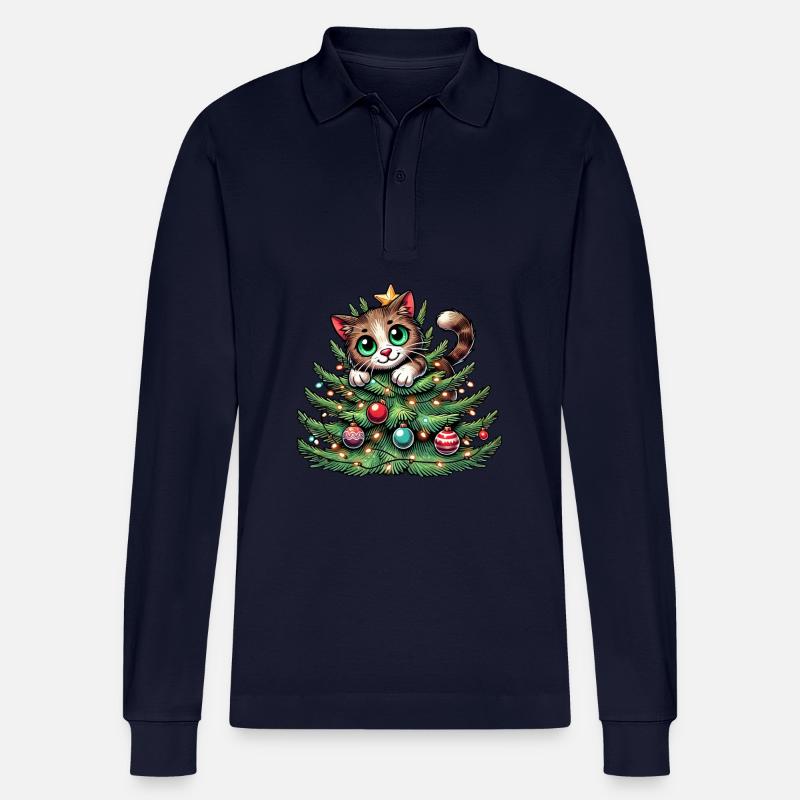 Weihnachtsbaum Katze Weihnachtsmann Comic - Stanley/Stella Unisex Bio-Langarm-Poloshirt Prepster - Navy