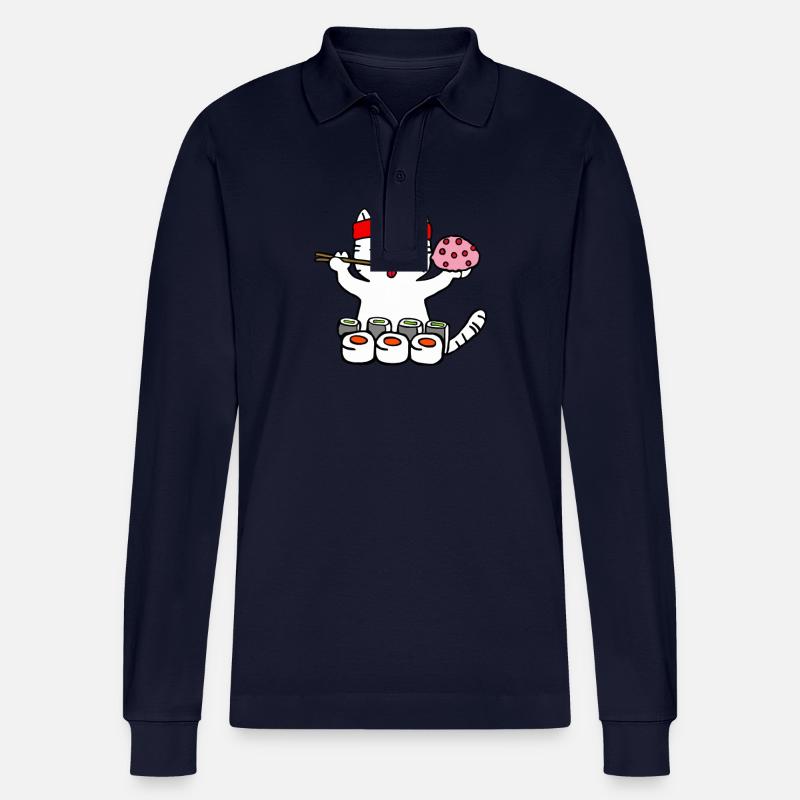 Katze isst Sushi mit Stäbchen - Stanley/Stella Unisex Bio-Langarm-Poloshirt Prepster - Navy