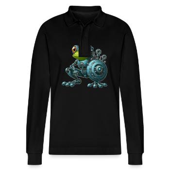 Cyborg Frosch Kröte Unke Roboter Mech Design - Stanley/Stella Unisex Bio-Langarm-Poloshirt Prepster - Schwarz - Vorne - Anna (173cm) & Nico (186cm)
