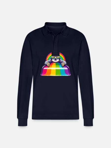 LGBTQ Pride Sloth Rainbow Playground - Stanley/Stella Organic Unisex Long-Sleeved Polo Shirt Prepster - navy