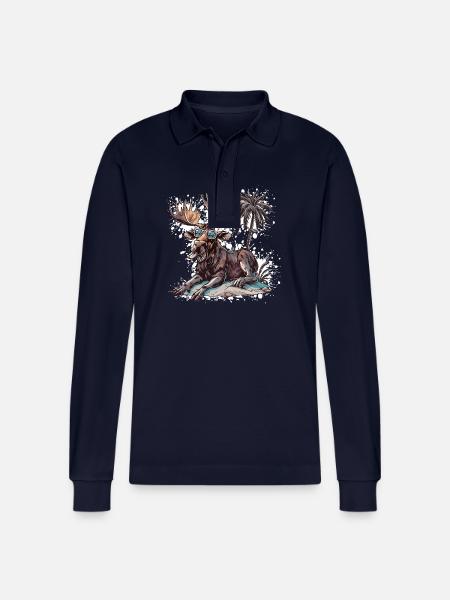 Moose Island Palm Tree - Stanley/Stella Organic Unisex Long-Sleeved Polo Shirt Prepster - navy