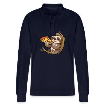 Sloth on Branch with Pizza Cartoon - Stanley/Stella Organic Unisex Long-Sleeved Polo Shirt Prepster - navy - Front - Anna (173cm)