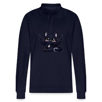 Gothic Cat Cute Black Angel with Wings - Stanley/Stella Organic Unisex Long-Sleeved Polo Shirt Prepster - navy - Front - Anna (173cm)