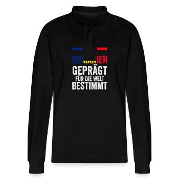 Romanian Romania Romania - Stanley/Stella Organic Unisex Long-Sleeved Polo Shirt Prepster - black - Front - Anna (173cm) & Nico (186cm)