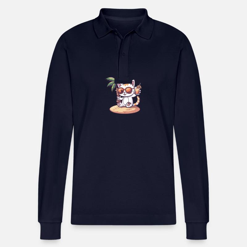 Katze Sommer Strand Comic - Stanley/Stella Unisex Bio-Langarm-Poloshirt Prepster - Navy