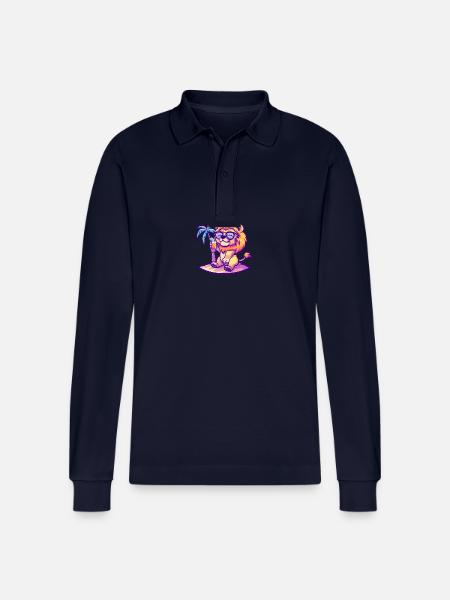 Lion Summer Beach Comic - Stanley/Stella Organic Unisex Long-Sleeved Polo Shirt Prepster - navy