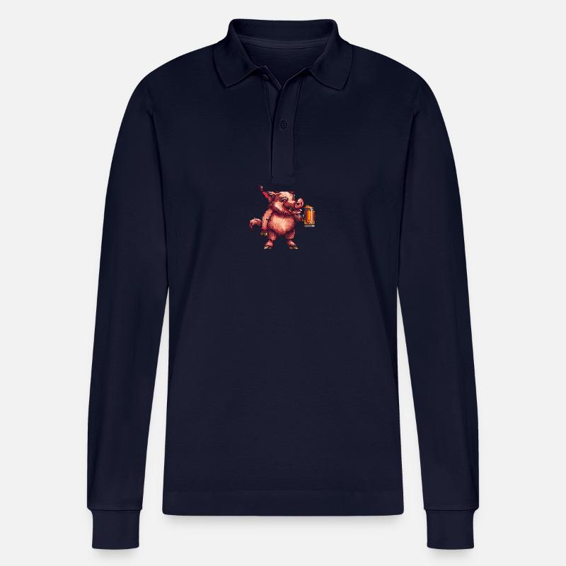 Schwein Bier Pixel Wildschwein - Stanley/Stella Unisex Bio-Langarm-Poloshirt Prepster - Navy