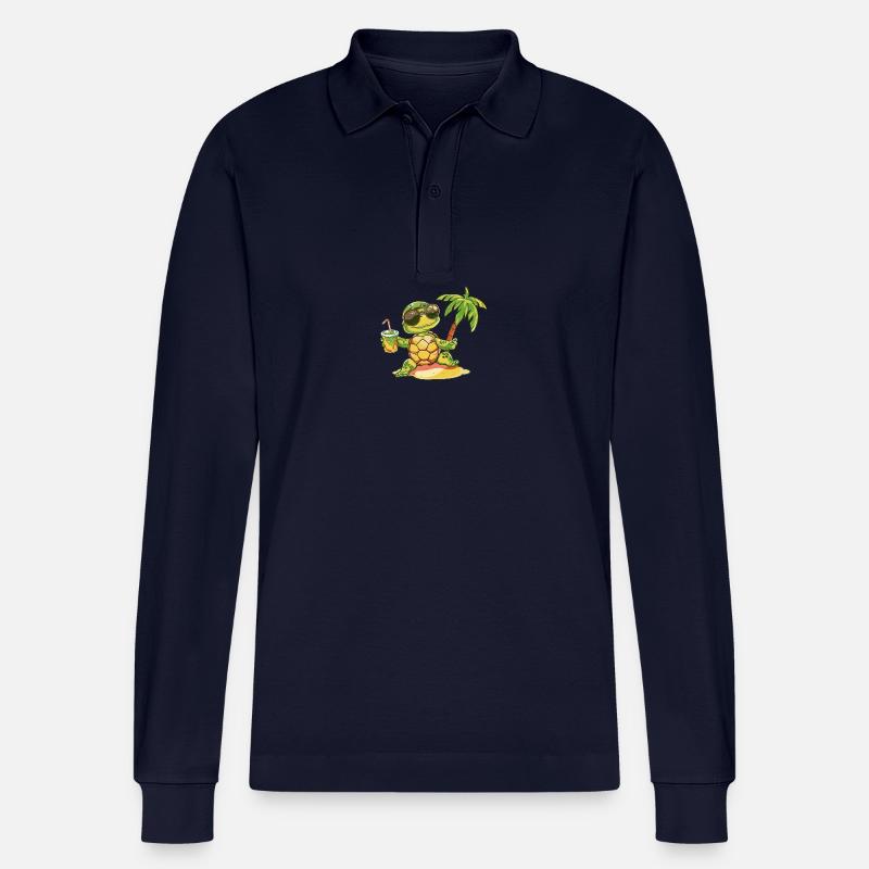 Turtle Summer Beach Comic - Stanley/Stella Organic Unisex Long-Sleeved Polo Shirt Prepster - navy