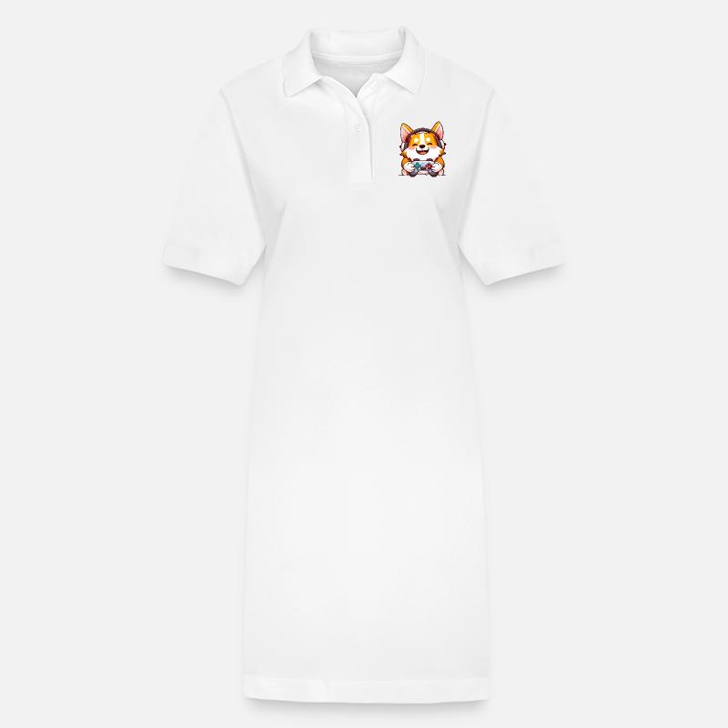 00239 Corgi mit Kopfhörer und Controller - Stanley/Stella Frauen Bio-Polokleid PAIGER - Weiß