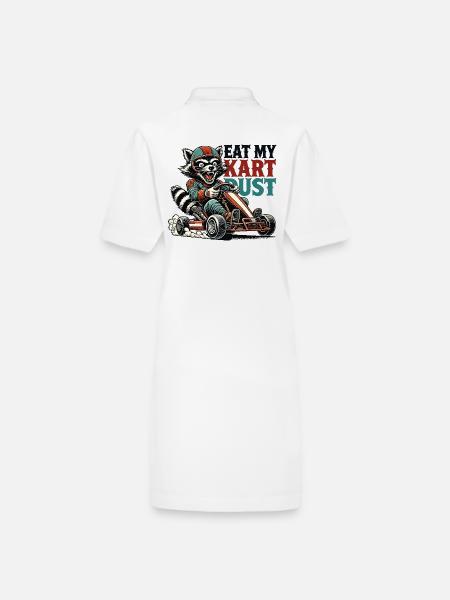 Lustiger Retro Waschbär Go-Kart Staub Essen Spruch - Stanley/Stella Frauen Bio-Polokleid PAIGER - Weiß - Hinten