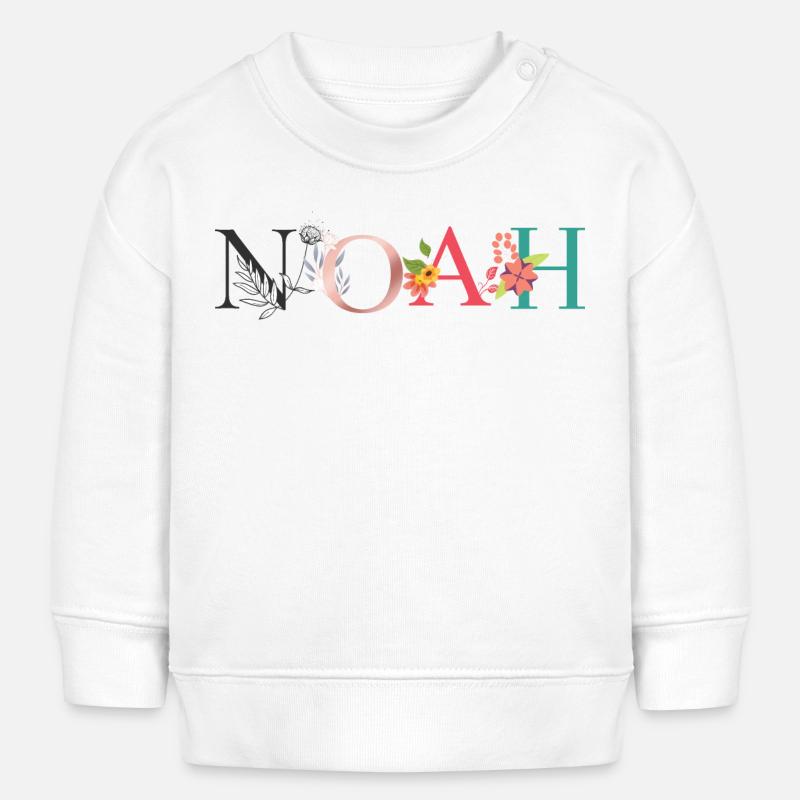 Art du nom NOAH avec des fleurs brodées - Sweat bébé bio Stanley/Stella - blanc
