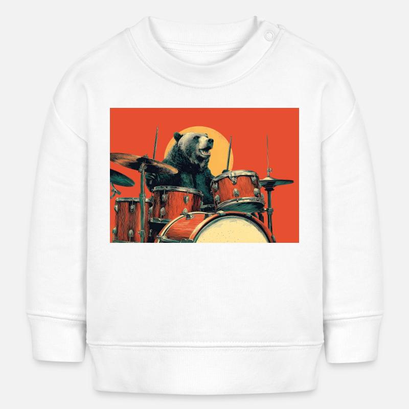 Wild Bear jouant de la batterie Rétro Vintage - Sweat bébé bio Stanley/Stella - blanc