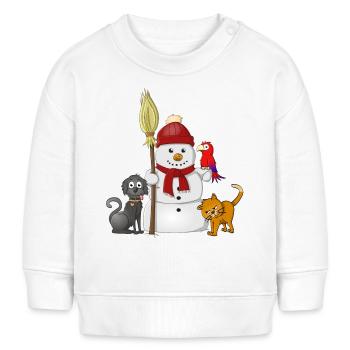 Bonhomme de neige avec écharpe rouge, chien, chat et perroquet - Sweat bébé bio Stanley/Stella - blanc - Devant