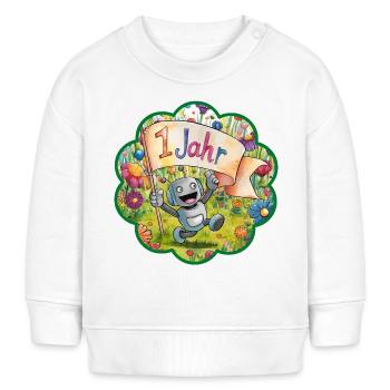 1 Jahr 1. Geburtstag Roboter auf Blumenwiese - Baby Organic Sweatshirt Baby Changer von Stanley/Stella - Weiß - Vorne