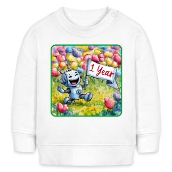 1 Jahr 1. Geburtstag Roboter auf Blumenwiese - Baby Organic Sweatshirt Baby Changer von Stanley/Stella - Weiß - Vorne