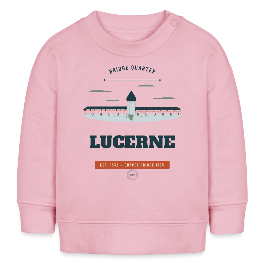 Lucerne badge on a baby sweatshirt by stanley/stella, cotton pink