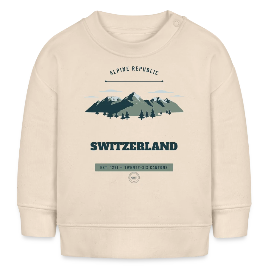Switzerland badge on a baby sweatshirt by stanley/stella, soft Ecru