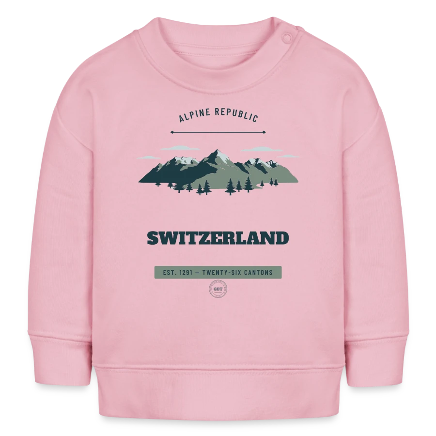 Switzerland badge on a baby sweatshirt by stanley/stella, cotton pink