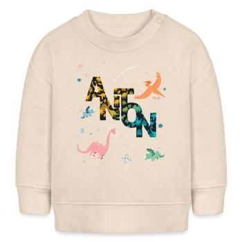 ANTON - Beau prénom de garçon avec dinosaure - Sweat bébé bio Stanley/Stella - écru doux - Devant