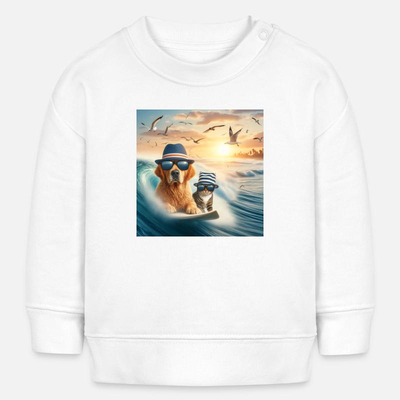 chient et chat surfeur - Sweat bébé bio Stanley/Stella - blanc