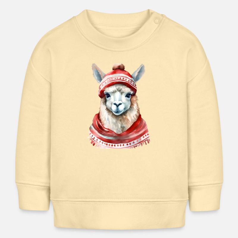 Lama avec chapeau d’hiver rouge et écharpe - Sweat bébé bio Stanley/Stella - crème
