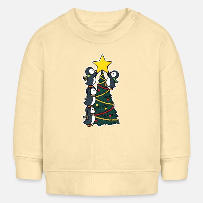 Pingouins décorant le sapin de Noël - Sweat bébé bio Stanley/Stella - crème