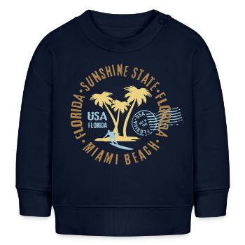 Miami Beach, Floride, palmiers, surf, timbre surfeur - Sweat bébé bio Stanley/Stella - bleu marine - Devant
