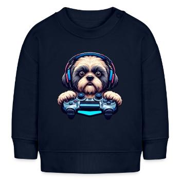 Nerds du jeu, amateurs de chiens Shih Tzu - Sweat bébé bio Stanley/Stella - bleu marine - Devant