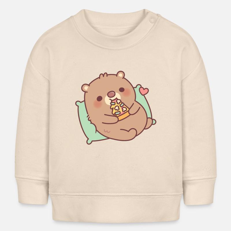 Ours brun mignon mangeant une pizza aux champignons - Sweat bébé bio Stanley/Stella - écru doux