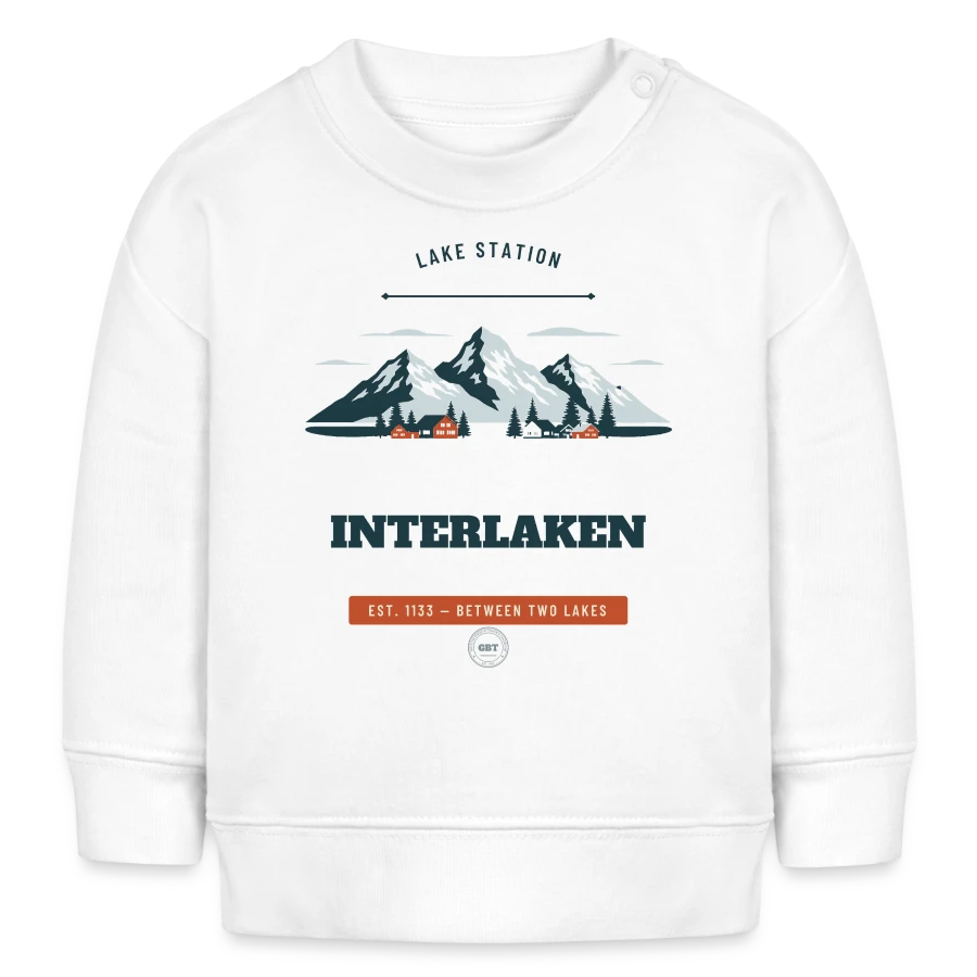 Interlaken badge on a baby sweatshirt by stanley/stella, white
