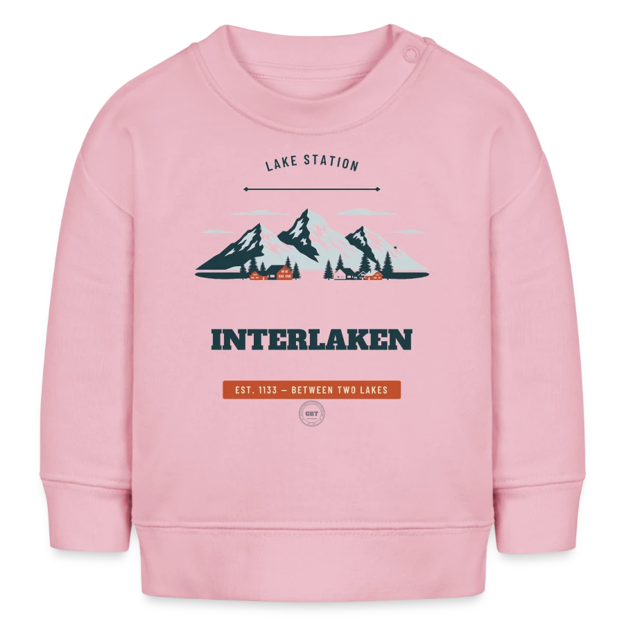 Interlaken badge on a baby sweatshirt by stanley/stella, cotton pink
