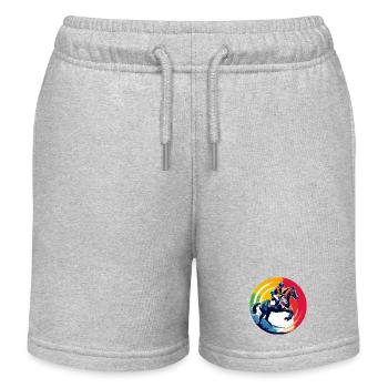 Regenbogen Springpferd Pferd Springreiten Motiv - Kinder Organic Joggingshorts Mini Bolter von Stanley/Stella - Grau meliert - Vorne