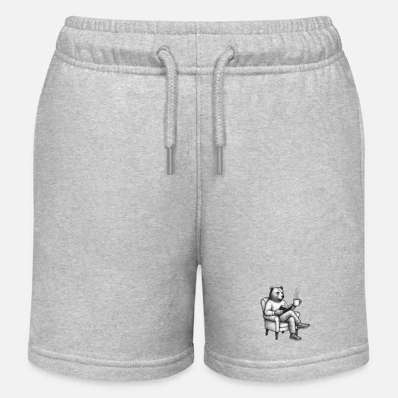 Bear Reader with Book and Mug - Kids Organic Sweat Shorts by Stanley/Stella - heather grey