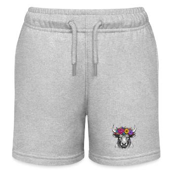 Floral Wreath Bull Head Illustration - Kids Organic Sweat Shorts by Stanley/Stella - heather grey - Front
