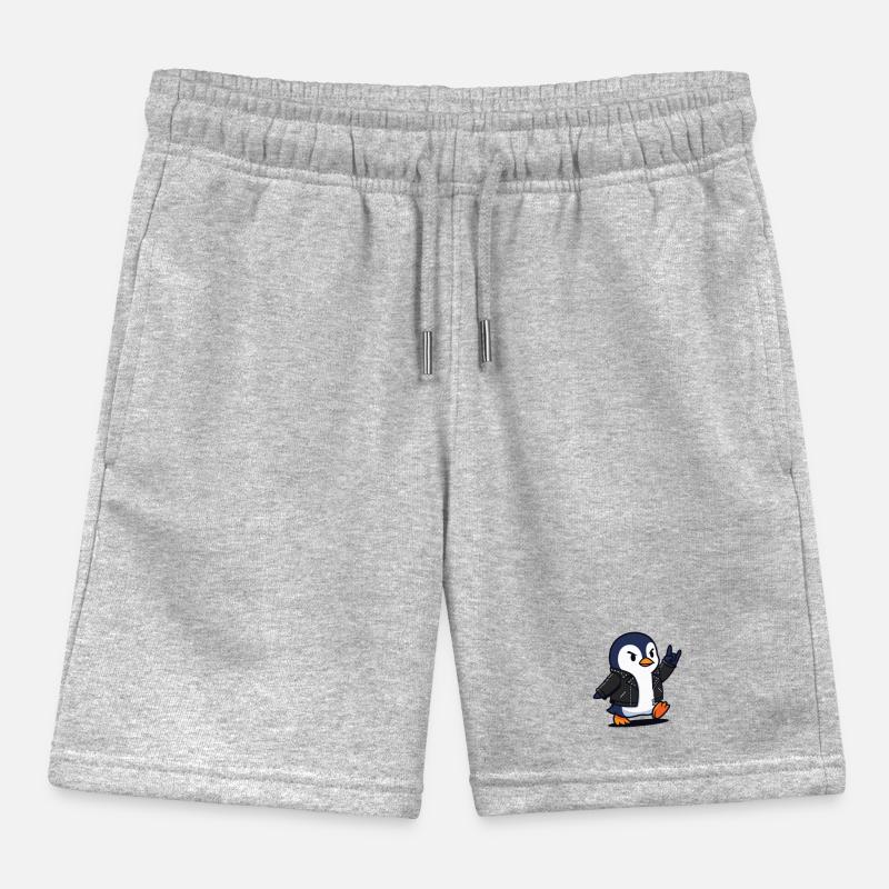Rocker Penguin in Leather Jacket Giving Devil Horn Kids Organic Sweat Shorts by Stanley/Stella