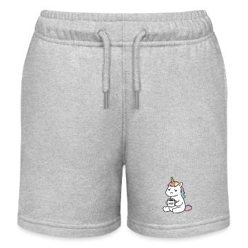 Depressed unicorn with mug 'meh' humor - Kids Organic Sweat Shorts by Stanley/Stella - heather grey - Front