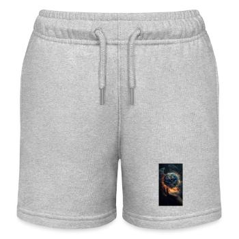 Darstellung einer Hand, die scheinbar die Erde häl - Kinder Organic Joggingshorts Mini Bolter von Stanley/Stella - Grau meliert - Vorne