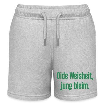 Oide Weisheit, jung bleim – Bayerischer Spruch - Kinder Organic Joggingshorts Mini Bolter von Stanley/Stella - Grau meliert - Vorne